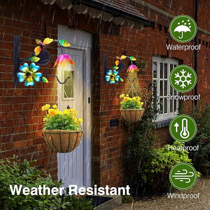 Lewondr Plant Hangers with Solar Light,9 Inch Metal Hanging Plant Bracket Outside,Bee Plant Wall Hook Solar Lights Outdoor for Wall,Flower Basket,Bird Feeder,Lantern,Wind Chime,2 Pack