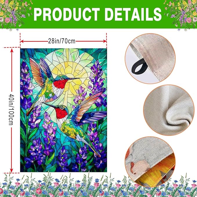 Spring Summer Hummingbird House Flag Double Sided 28x40 Inch, Stained Glass Hummingbird Floral Outdoor Flag Seasonal Farmhouse Outside Outdoor Decoration