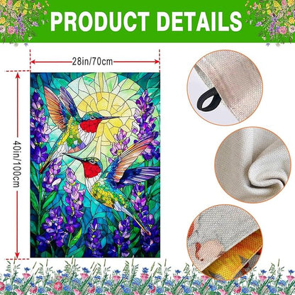 Spring Summer Hummingbird House Flag Double Sided 28x40 Inch, Stained Glass Hummingbird Floral Outdoor Flag Seasonal Farmhouse Outside Outdoor Decoration