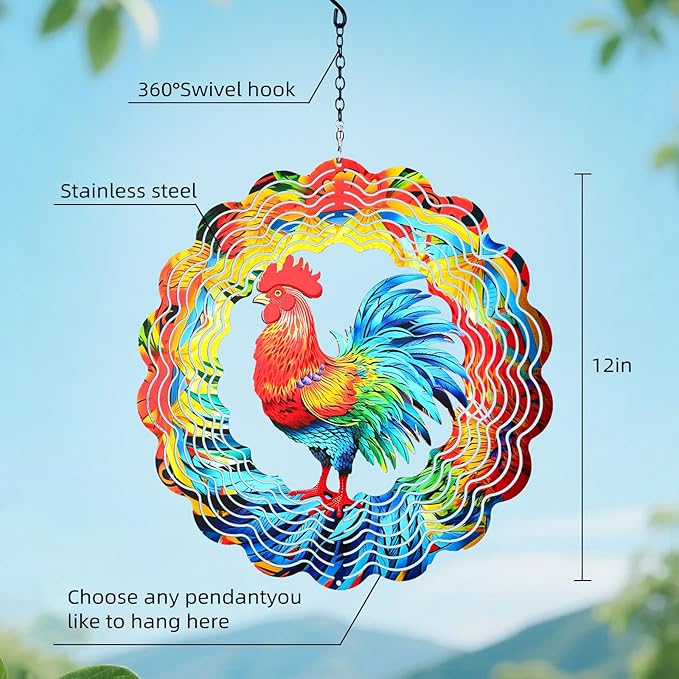Chicken Wind Spinners Outdoor,12 inch 3D Hanging Wind Spinner Spring Garden Decor Rooster Gifts for Women Men,Metal Wind Catchers Kinetic Sculpture for Silhouette,Yard Art,Porch,Patio Decoration