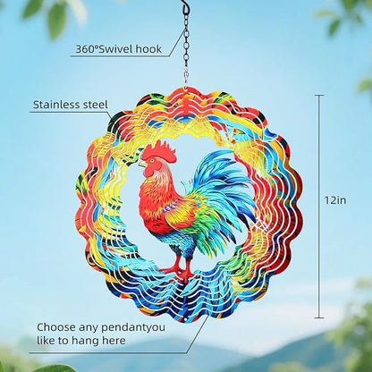 Chicken Wind Spinners Outdoor,12 inch 3D Hanging Wind Spinner Spring Garden Decor Rooster Gifts for Women Men,Metal Wind Catchers Kinetic Sculpture for Silhouette,Yard Art,Porch,Patio Decoration