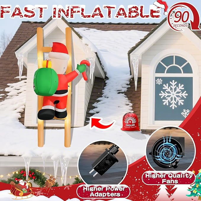 8FT Hanging Christmas Inflatable Santa 8FT Santa Claus Climbing Ladder Inflatables Christmas Outdoor Decoration Xmas Santa Blow Up Decor with Built-in 9 LEDs for Yard Garden Lawn(with Storage Bag)