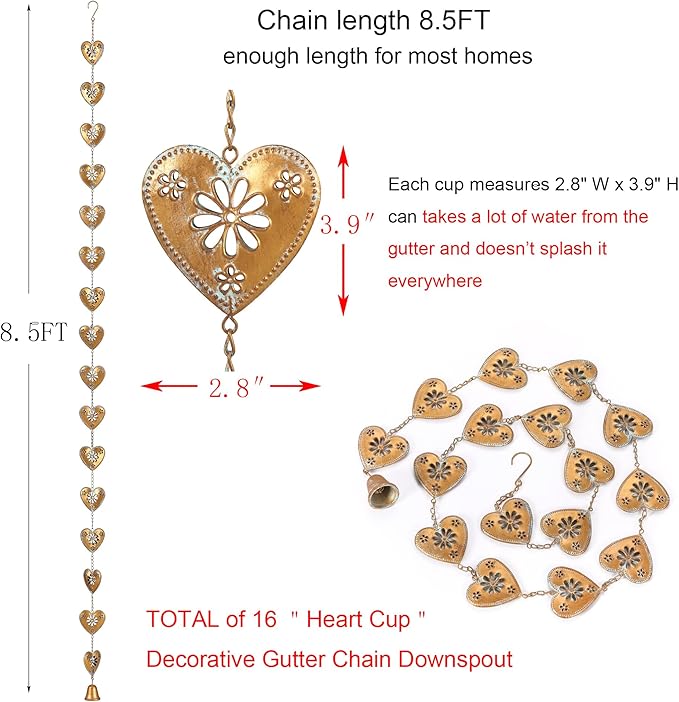 8.5FT Gold Patina Heart Rain Chain for Gutters, Functional and Decorative Replacement Downspout Chain for Outside, Metal Rain Catcher Chain