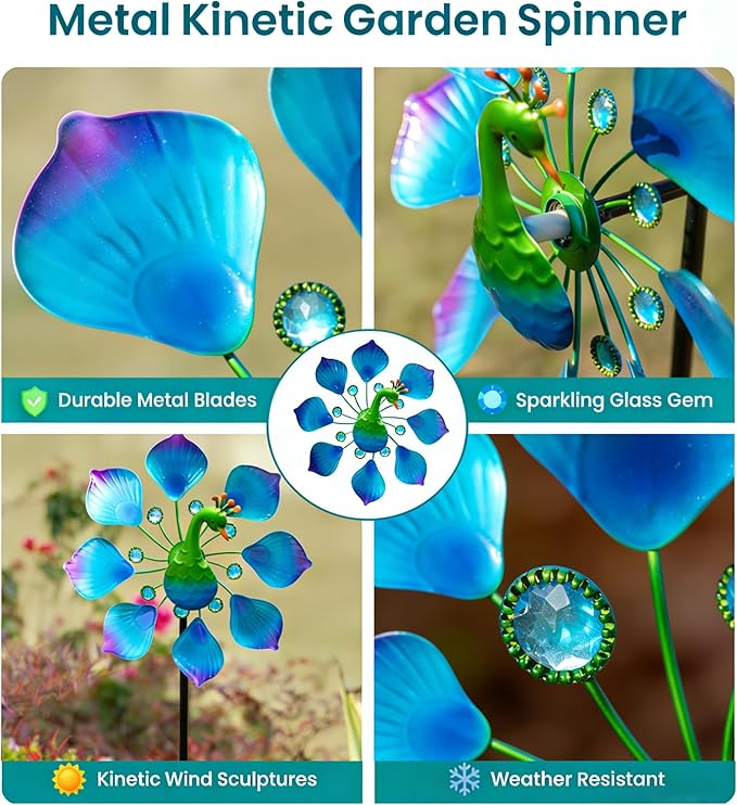 44" Peacock Garden Wind Spinners - Metal Outdoor Stakes Kinetic Wind Spinner Windmills Decor, Wind Sculpture Yard Art Decorations for Patio, Lawn & Garden