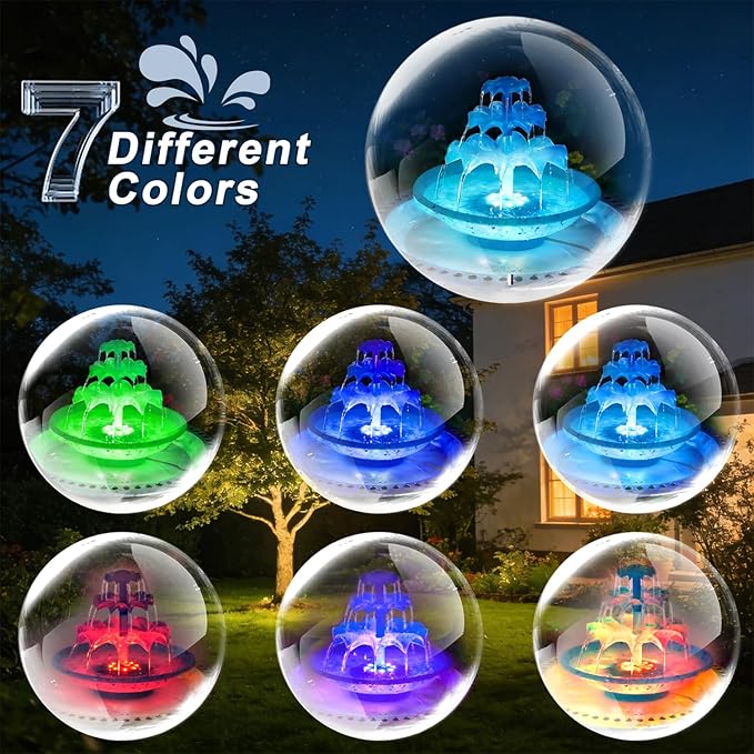 Yeomi 3-Tier Solar Fountain Pump with LED Lights, 24H Outdoor Water Feature, Detachable Design, Multi-Function Bird Bath Water Fountain for Garden Patio Yard Backyard Pond, 3.5W