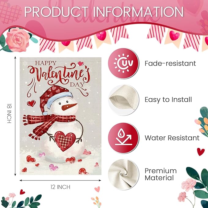 Happy Valentine’s Day Garden Flags 12x18 Inch Double Sided, Watercolor Snowman Small Seasonal Decoration for Holiday Anniversary Wedding Yard Outside Outdoor