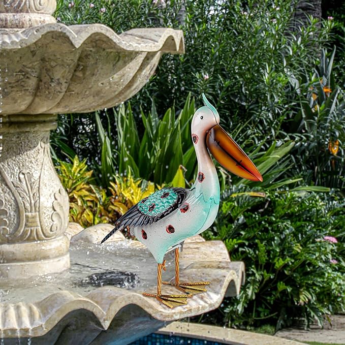 Metal Pelican Garden Statues, Light Green Pelican Coastal Decor for Outdoor Yard Beach Lawn Patio Pool Display (Color-2)
