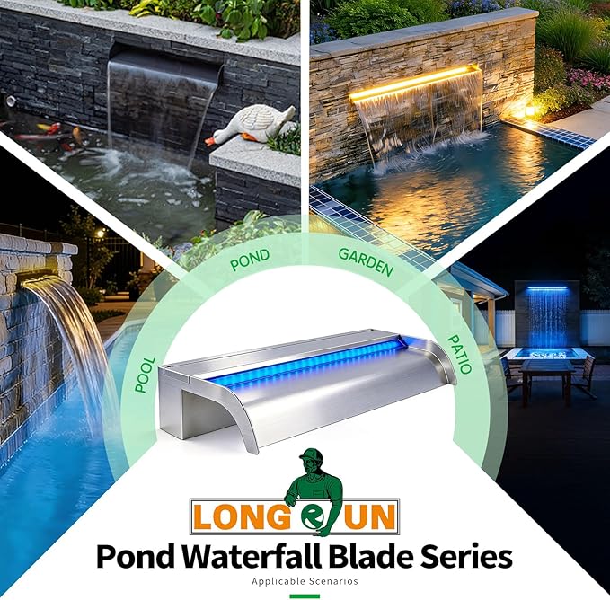 with lid Waterfall Pool Fountain, LONGRUN Stainless Steel Waterfall Spillway for Pools and Ponds - 35.4" Wide Decorative Water Feature for Swimming Pools, Koi Ponds and Garden