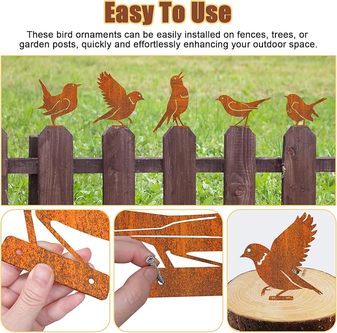 Rusty Metal Bird Garden Decor – 5PCS Iron Bird Silhouette Ornaments, Rustic Yard Art Decorations for Fence, Trees, Gates & Outdoor Decor