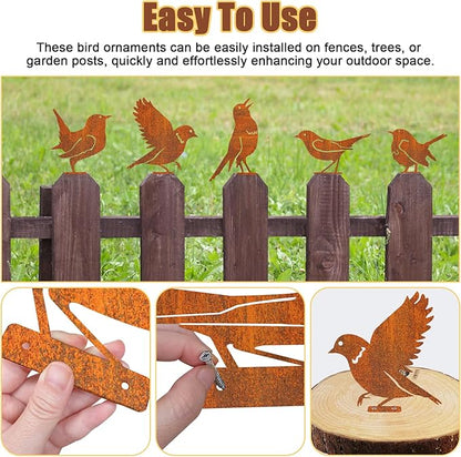 Rusty Metal Bird Garden Decor – 5PCS Iron Bird Silhouette Ornaments, Rustic Yard Art Decorations for Fence, Trees, Gates & Outdoor Decor
