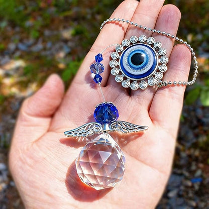 12.7inch Handmade Crystal Angel Suncatcher Hanging Ornament for Christmas Tree Turkish Blue Evil Eye Protection Pendant and Good Luck Charm Gift