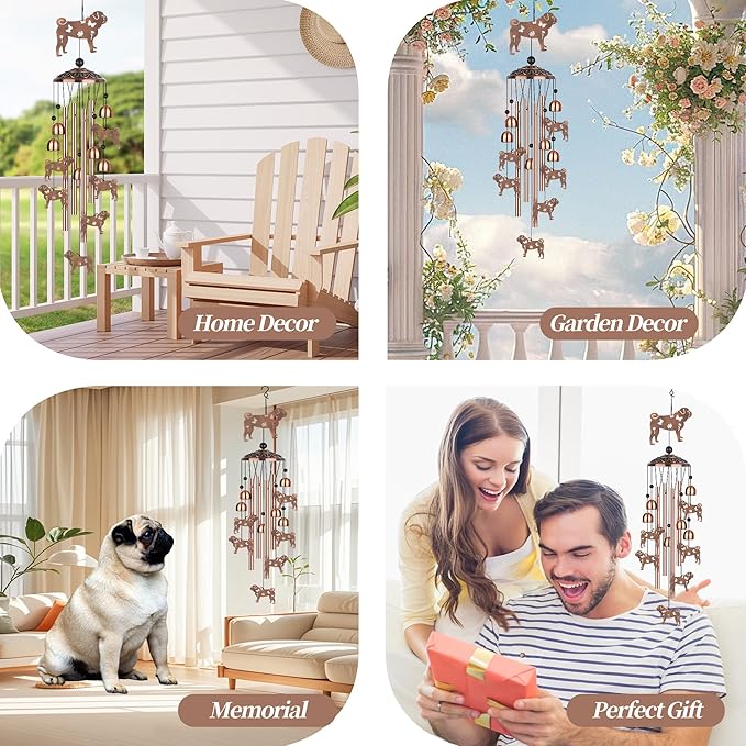 Pug Wind Chimes, Pug Gifts for Pug Lovers Women Men, Dog Metal Windchimes, Outdoor Memorial Housewarming Birthday Gifts, Patio Décor