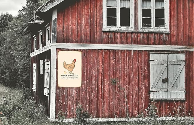 Funny Chicken Sign, Metal Chicken Coop Tin Signs, I poop breakfast, Yard Sign Garage Farm Garden Wall Decor Sign Plaque Outdoor for Home Fence 8 X 12 Inches