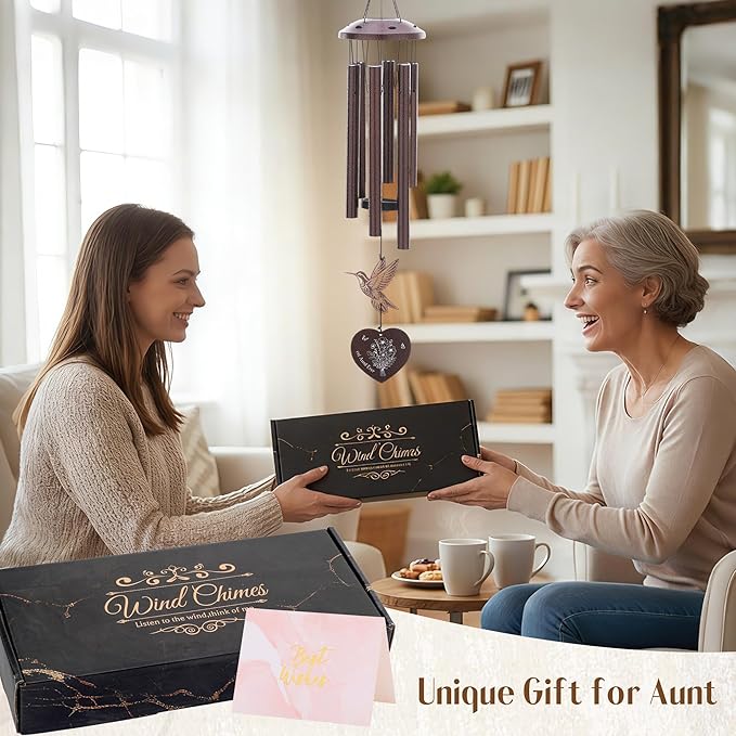 Aunt Gifts for Women - Metal Hummingbird Wind Chimes Outdoor with Greeting Card Garden Patio Yard Home Porch Backyard Hanging Decor Appreciation Birthday Gift for Aunts from Niece Nephew