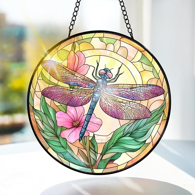 Bimkole Dragonfly Stained Glass Suncatcher Window Hanging - Flowers Design for Indoor Window or Doorway Decoration - 7.87x7.87 inch with Chain and Hook - Unique Home Decor Gift