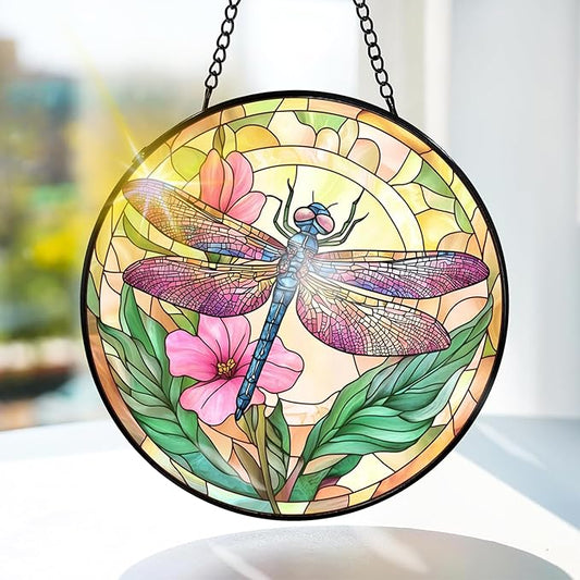 Bimkole Dragonfly Stained Glass Suncatcher Window Hanging - Flowers Design for Indoor Window or Doorway Decoration - 7.87x7.87 inch with Chain and Hook - Unique Home Decor Gift