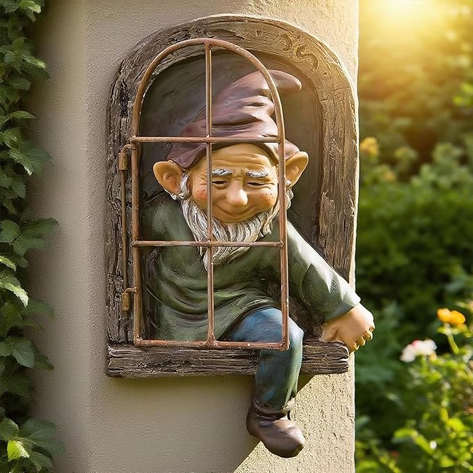Teaeeno 12-inch Elf Out The Door Tree Hugger, Garden Gnome Statue Decor Outdoor, Large Outdoor Tree Hugger for Yard Art, Trees Decorations Outdoor Wallmounted Statue