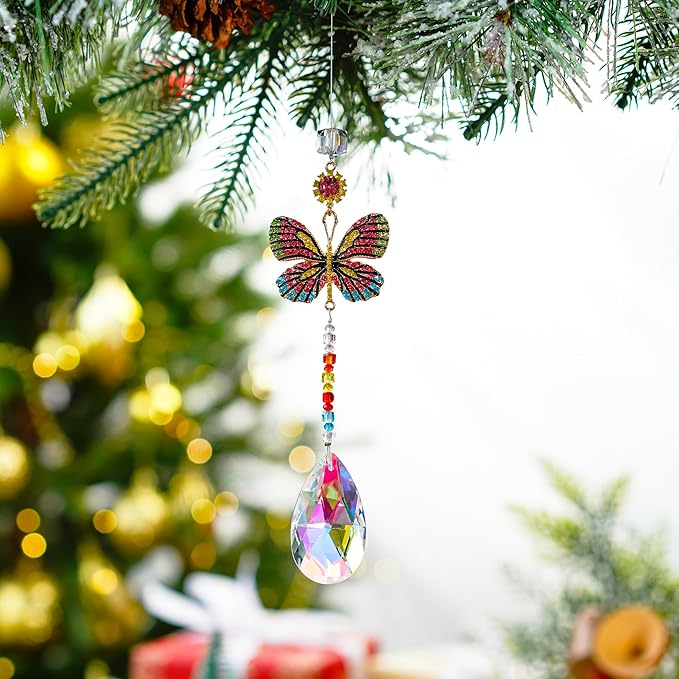 Hanging Butterfly Shaped Suncatcher Crystals, Glass Teardrop Prism Rhinestones Sun Catchers, Rainbow Maker Pendant Indoor Window Home Car Decor Gift