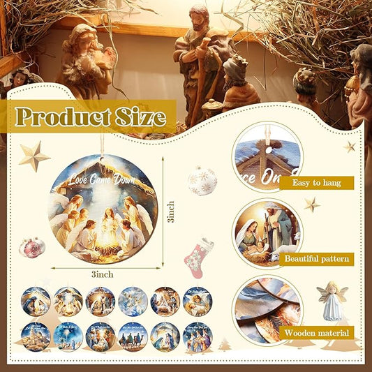 Soaoo 60 Pcs Nativity Scene Christmas Tree Ornament Christian Religious Ornaments Bulk Round Nativity Xmas Tree Hanging Wooden Decorations for Garden Yard Outdoor Home (Novel Style)