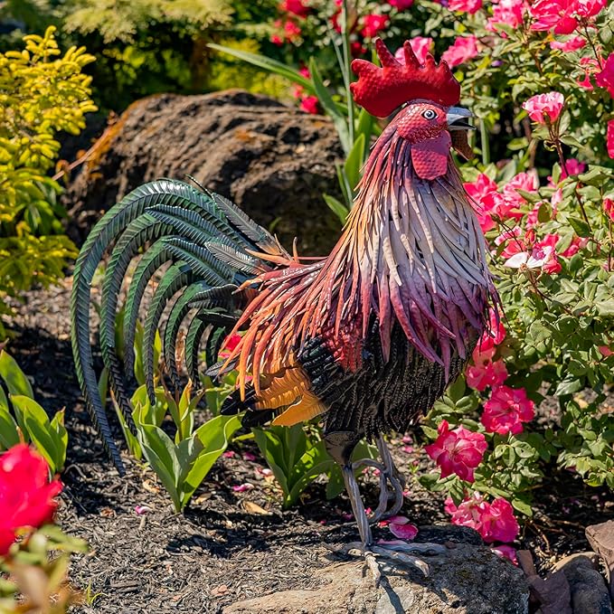 Zaer Ltd. 2.3 Ft. Tall Fancy Ornate Metal Rooster Statue Decorations (Leopold)