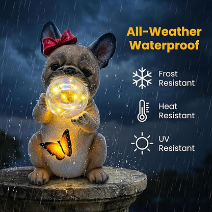 Solar Garden Dog Statue, French Bulldog Garden Statue with LED Bubble and Butterfly, Detachable Outdoor Decorative Stake, Waterproof Yard Decor for Patio, Lawn, Porch, Holiday and Birthday Gifts