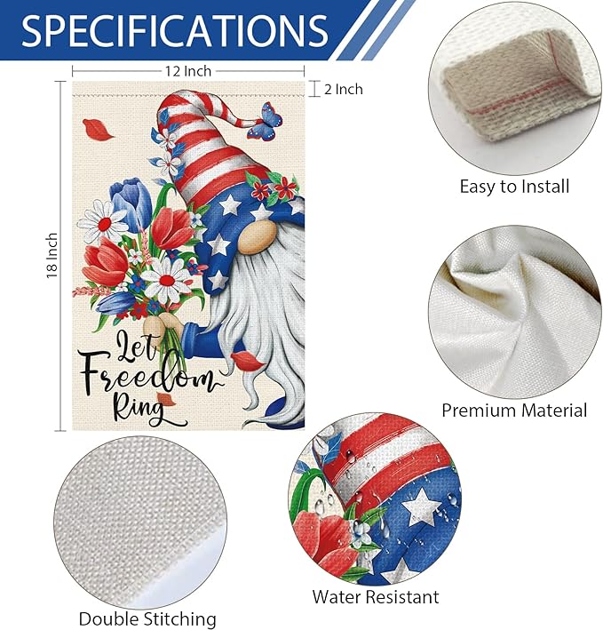 Let Freedom Ring Garden Flag 12x18 Inch Double Sided Burlap, 4th of July Gnome Garden Flags Patriotic Memorial Day Flower Yard Flag for Independence Day Outdoor Decor (ONLY FLAG)