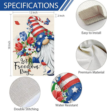 Let Freedom Ring Garden Flag 12x18 Inch Double Sided Burlap, 4th of July Gnome Garden Flags Patriotic Memorial Day Flower Yard Flag for Independence Day Outdoor Decor (ONLY FLAG)