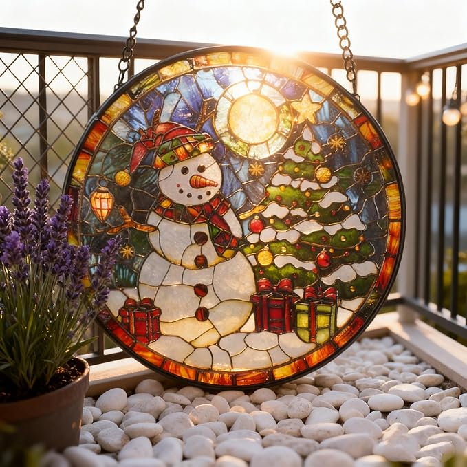 Sun Catcher Stain Glass,Christmas Snowman Suncatcher Stained Glass Decor for Window Hanging, Gardening Gifts for Women with 6.3 Inch