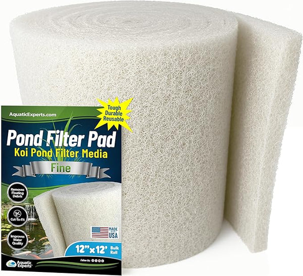 Classic Koi Pond Filter Pad FINE - White Bulk Roll Pond Filter Media, Ultra-Durable Pond Filters for Outdoor Ponds, Reusable Fish Pond Filter Material, USA (3/4" - 1" x 12" x 12 feet)