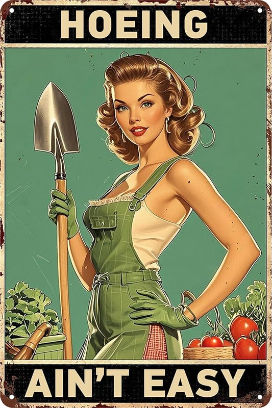 Garden Signs for Outside Hoeing Ain't Easy Tin Sign Funny Yard Decor Vintage Metal Garden Sign Gifts for Gardeners 8x12 Inch