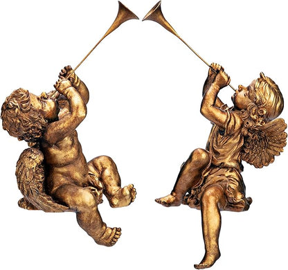 Design Toscano JE930801 Trumpeting Angels of Peter's Square Holiday Statue Ornaments, Set of Two, Boy & Girl, 7 inches Wide, 13 inches Tall, Handcast Polyresin, Antique Gold Finish