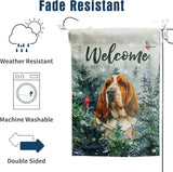 Welcome Winter Garden Flags Basset Hound Garden Flag Cardinal Birds on Snowy Pine Tree Flag Dog Yard Flags for Outside 12x18 Double Sided Christmas Decorative