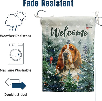 Welcome Winter Garden Flags Basset Hound Garden Flag Cardinal Birds on Snowy Pine Tree Flag Dog Yard Flags for Outside 12x18 Double Sided Christmas Decorative
