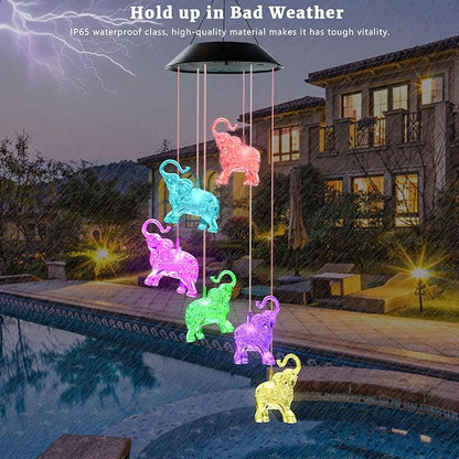 Solar Wind Chimes, Elephant Wind Chimes Gifts for Mom Grandma Women Wife Girls, IP65 Waterproof Hanging Memorial Windchimes with 7 Color Changing LED Lights for Outside Garden Yard Decorations