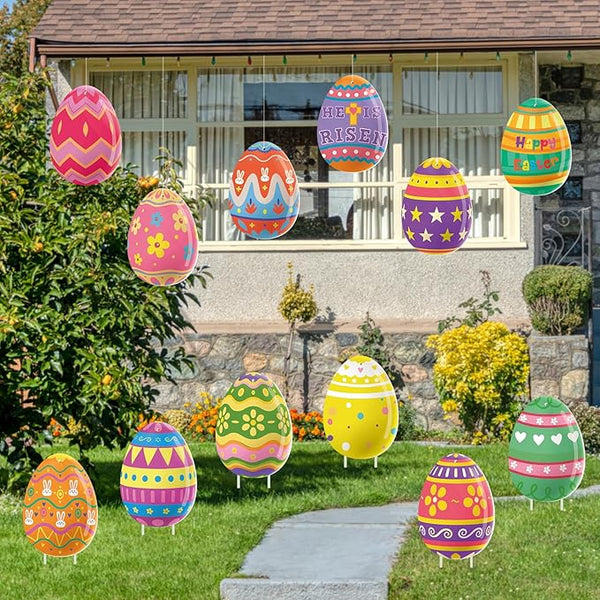 12Pcs Easter Yard Signs Outdoor Decorations Pastel Easter Egg shaped Yard Sign with Stakes Colorful Eggs Yard Signs for Garden Lawn Home Party Supplies(12 Pcs Eggs)