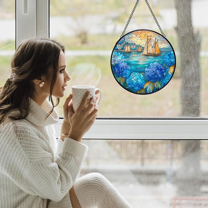 Coastal Sailboat Hydrangea Flower Stained Glass Window Hanging Suncatchers, Ocean Beach Sun Catchers Indoor Window Glass Wall Art Decor, Nautical Wall Hanging Decorations Sculptures, 7.9x7.9in