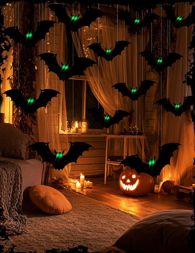 Hanging Bats Halloween Decorations, 12Pcs Halloween Bats with Night Auto-On/Off, Scary Green LED Eyes 3D Bat Wall Decor, Light Up Bat 3 Modes, Outdoor and Indoor Tree Yard Party Decor