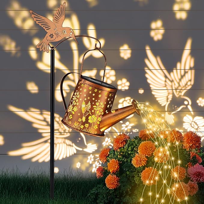 Gifts for Mom, Hummingbird Solar Lantern Outdoor Waterproof, Outside Metal Watering can Landscape Lights for Garden Yard Patio Pathway Decor Birthday Gifts for Women Grandma -with Pole