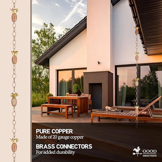 Good Directions 100% Pure Copper Pineapple Rain Chain, 8-1/2 Feet Long, Artistically Designed, Replaces Gutter Downspout