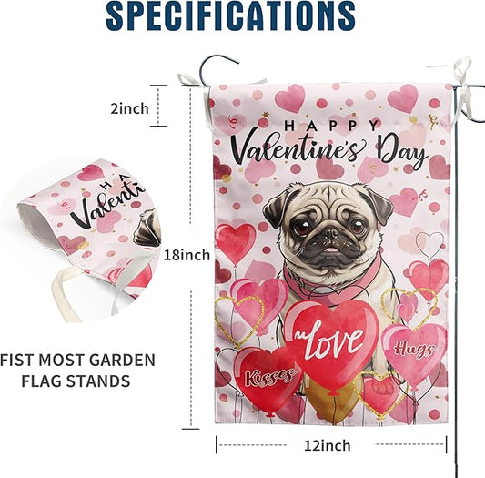 Pug Valentine Garden Flag Valentines Day Flags for Outside 12x18 Double Sided Small Yard Flags Dog Valentine's Day Decor Outdoor Lawn Valentines Banner