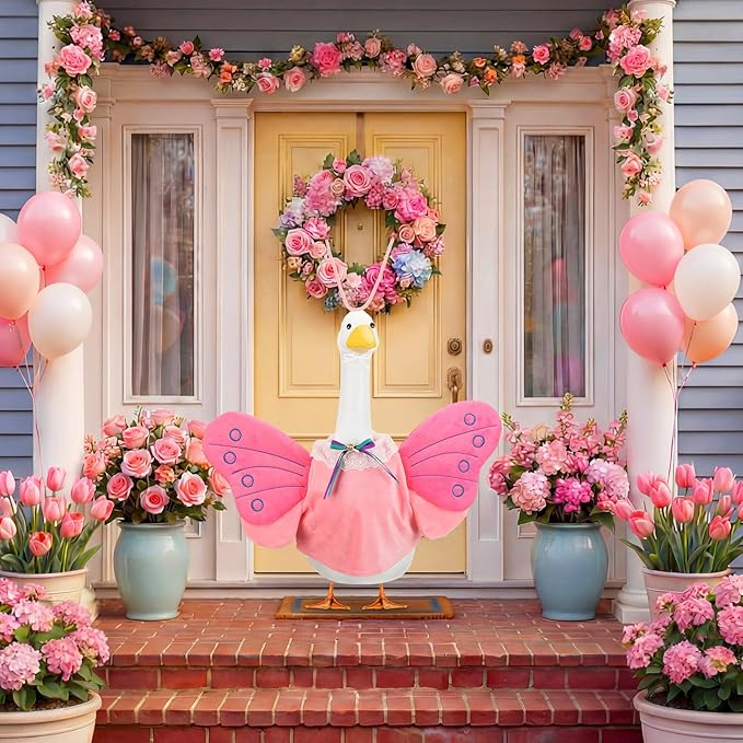 Abbylike 1 Set Spring Butterfly Porch Goose Outfit Butterfly Wings Goose Clothes Costume Fits 23" Large Cement Plastic Geese Statue for Spring Outdoor Garden Yard Lawn Patio Art Decorations