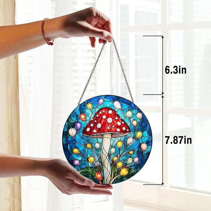 Stained Glass Window Hanging, Mushroom & Fairy Lights Sun Catchers Colorful Glass Panel Suncatcher Cottagecore Boho Home Decor for Birthday for Mother's Day Women, Men Gifts 7.8 in