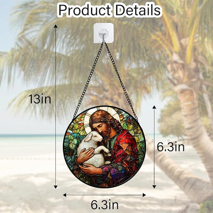 DASTOLL Stained Glass Window Hanging, Jesus Little Lamb Sun Catchers Colorful Glass Panel Christianity Suncatcher Decor for Birthday for Women, Men, Wife, Aunt, and Mom 6.3 in