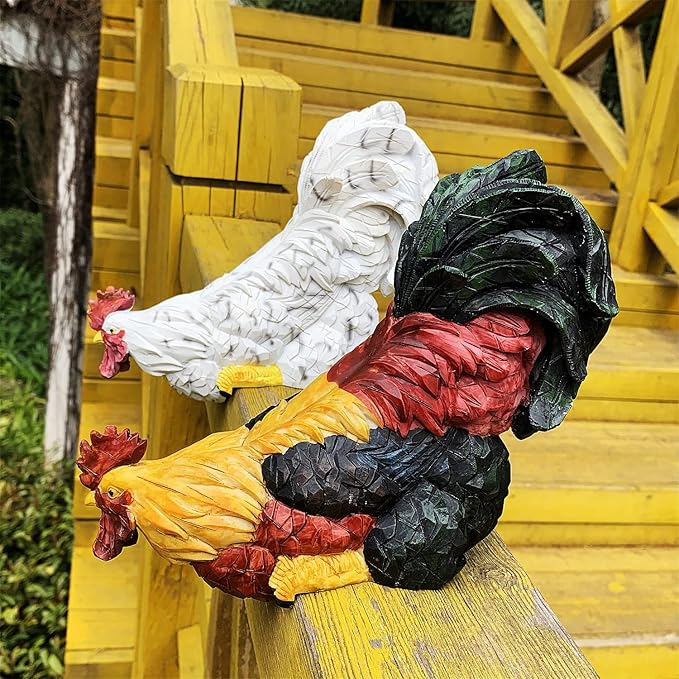 Garden Statues Cock Art Decoration Rooster Figurine Waterproof Chicken Sculpture Ornaments for Garden Yard Pathway Fence Porch Lawn (White)