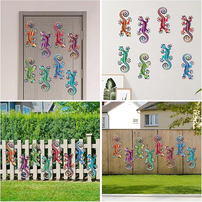 8 Pcs Metal Gecko Wall Art Outdoor Decor Metal Lizards Wall Decor Lizard 4.2 * 8.5 Inch Suitable for Hanging in Yard Garden Patio Fence Home, Idea Gifts for Mom Father Friends