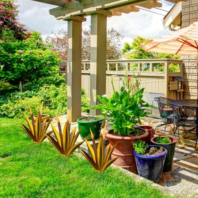 NIDONE Garden Tequila Decor, 2PCS DIY Metal Tequila Rustic Sculpture Metal Agave Yard Art for Outdoor Lawn Ornaments (Yellow)