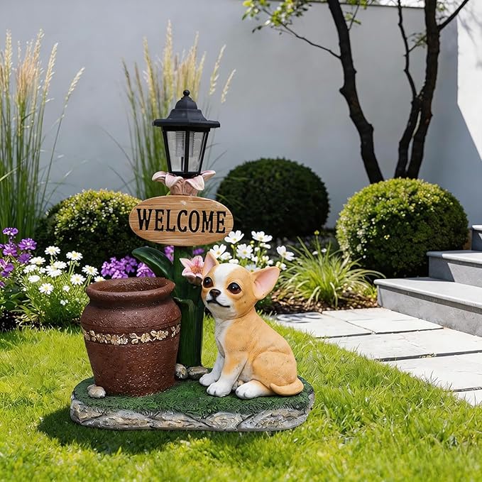 20" Solar Chihuahua Garden Statue with Welcome Sign & Planter - Large Dog Sculpture with LED Street Lantern - Weatherproof Resin Decorative Flower Pot for Porch, Yard & Patio - Pet Lover Gift