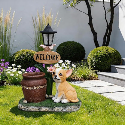 20" Solar Chihuahua Garden Statue with Welcome Sign & Planter - Large Dog Sculpture with LED Street Lantern - Weatherproof Resin Decorative Flower Pot for Porch, Yard & Patio - Pet Lover Gift