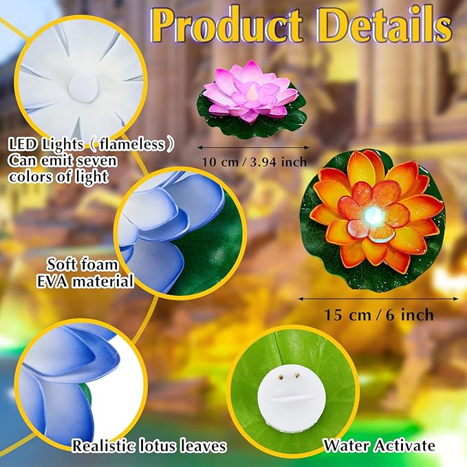 Hortsun 18 Pcs Floating Lotus Lights with Batteries Lily Pads Pool Flowers Floating Candles Decor Artificial Pond Plants Decorations for Pool Pond Outdoor Indoor (Multicolor,3.94/5.91 Inch)