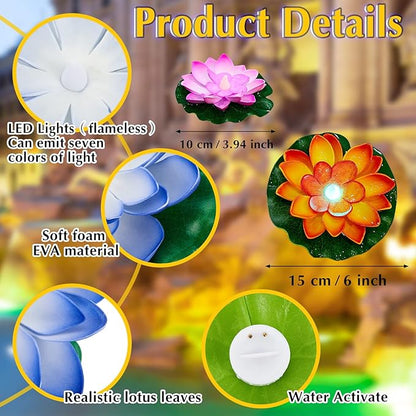 Hortsun 18 Pcs Floating Lotus Lights with Batteries Lily Pads Pool Flowers Floating Candles Decor Artificial Pond Plants Decorations for Pool Pond Outdoor Indoor (Multicolor,3.94/5.91 Inch)